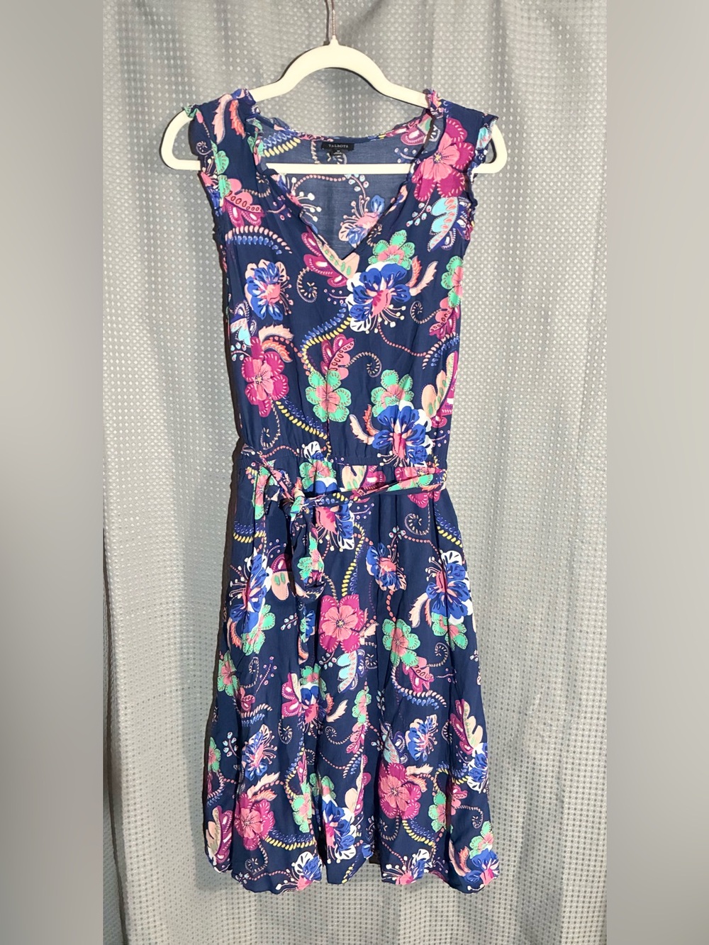 Talbots Tropical Belted Dress Sz 12 Ruffles Lined Vibrant Fun Function Party - Picture 1 of 13